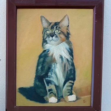 Original Cat Portrait Oil Painting On Masonite