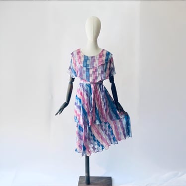 1980s Silk Farm Dress – Pastel Checkered Tiered Midi Dress, Size Small 