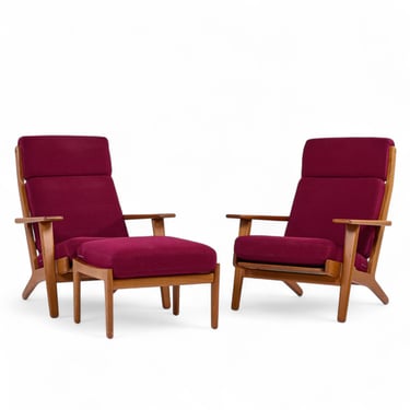 Hans Wegner for Getama GE-290 Mid Century Danish Teak High Back Lounge Chairs - Pair with Ottoman - mcm 