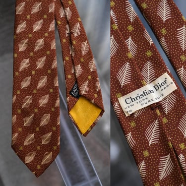 Vintage 50s CHRISTIAN DIOR for B. Altman & Co. Leaf w/ Micro Polkadot Silk Necktie | 100% Silk | 1950s 1960s DIOR French Designer Mens Tie 