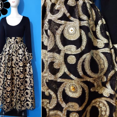 Absolutely Gorgeous Vintage 60s 70s Black & Gold Lamé Swirls Sequin Statement Maxi Dress 