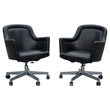 Pair of Stow Davis Black Leather & Chrome Rolling Swivel Desk or Office Chairs