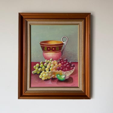 1970s Vintage Je. Ann Still Life Oil on Canvas Board Painting – Framed 