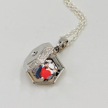 Silver Art Deco Locket Necklace, Photo Pendant, Gift for Her, Locket with Pictures 