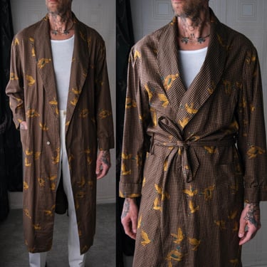 Vintage 90s George Stafford & Sons Golden Brown Hunting Duck Houndstooth Smoking Robe | Made in USA | 100% Cotton | 1990s Designer Mens Robe 