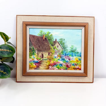 Vintage Original 1966 Oil Painting Framed Flower Garden Country Cottage 