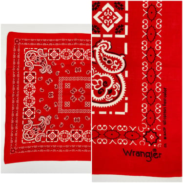 Vintage Wrangle 1960s 1970s Red and Black cotton Bandana, handkerchief American Western style, farmer, floral paisley print scarf 