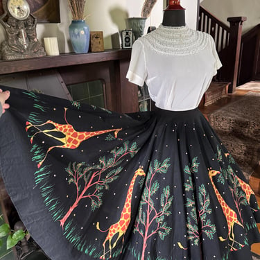 Vintage 1950s Giraffe Novelty Print Cotton Circle Skirt - Small 