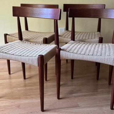 Set of FOUR Danish Teak Dining Side Chairs in Teak and new Danish Paper Cord, Arne Hovmand Olsen for Mogens Kold 