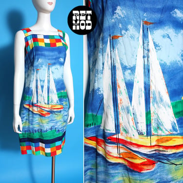 Unique Vintage 90s Sailboat and Colorful Squares Novelty Print Rayon Mini Sun Dress 