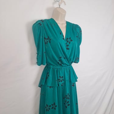 Vintage 80s Teal Green & Black Floral Peplum Wrap Dress 