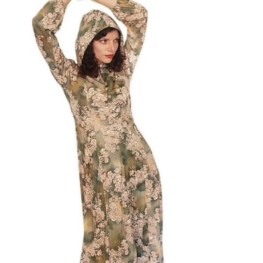 Vintage 1970s Maxi Dress Hooded Kristie Lou Juniors Floral Print Long Sleeve Green Beige S 