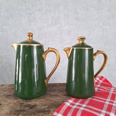 Pair of Antique French Coffee Pots, Pillivuyt Mehun Green Porcelain, Gold Art Nouveau Lidded Jugs, Grand Depot Paris Tableware 