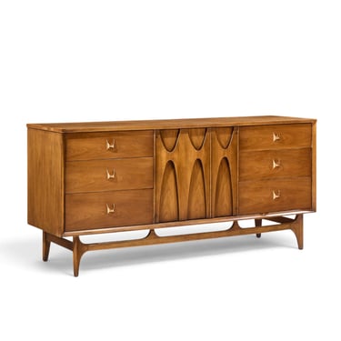 Broyhill Brasilia Mid Century Walnut and Brass 9 Drawer Lowboy Dresser - mcm 