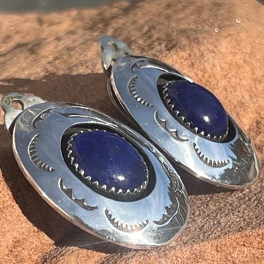 Emma Carviso ~ Vintage Navajo Lapis and Sterling Oval Clip On Earrings with Stamp Work 
