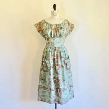1950's Turquoise and Brown Cotton Fit and Flare Day Dress, Novelty Print, 50's Rockabilly Spring Summer Dress , 29