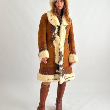 Rare 1970s embroidered Afghan shearling coat / suede Penny Lane coat / rabbit fur trim 