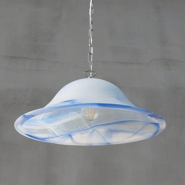 Vintage Blue and White Swirl Glass Pendant Light,  Retro Mid Century Modern Hanging Ceiling Lamp, Artistic 1970s Fixture 