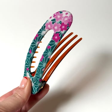 Barrette clip, hair clip, Kimono Hair, Japanese clip, Hair claw, Satomi Clip, traditional japanese print, green hair claw, thin hair clip 