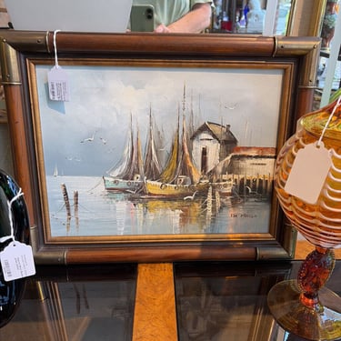 Mid-century modern Harbor scene oil on canvas by DeMarco approximately 19 by 15