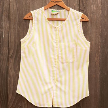 Vintage 80s Yellow Striped Seersucker Sleeveless Top By Florida Cheryl Tiegs 
