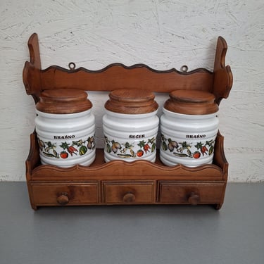 Vintage Yugoslavian Ceramic Spice Rack with Wooden Shelf | Rustic Kitchen Wall Organizer | Flour Sugar Canisters | Farmhouse Kitchen Storage 