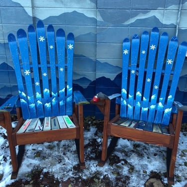 Set of 2 - Snowflake & Mountains Adirondack Ski Chairs, deck chairs, patio chairs, snowflakes, mountains, repurposed, skis, ski Chairs, ski 