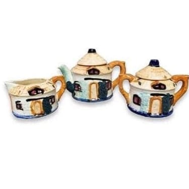 Vintage Cottage Ware Tea Set, 5pc Ceramic Thatched House Teapot Sugar & Creamer, Japan 