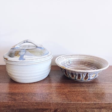 vintage signed Praise God Rob pottery pair — soup tureen and bowl 