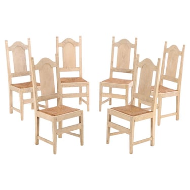 Set of 6 Belgian Dining Chairs with Rush Seats and High Arched Backs, 1960s