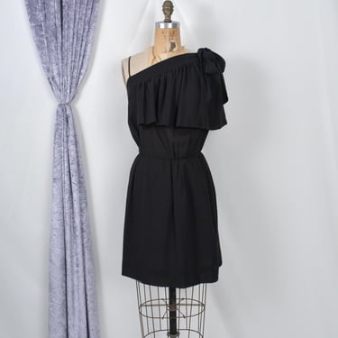 Vintage 1980s Dress / 80s One Shoulder Cotton Flounce Mini Dress / Black ( S Small ) 