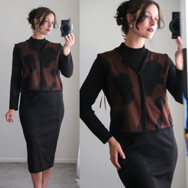 Vintage 80s Lennie Petite Nina Leonard Black Mock Collar Pullover Dress with Animal Print Vest | DEADSTOCK, NWT | 1980s Designer Boho Dress 