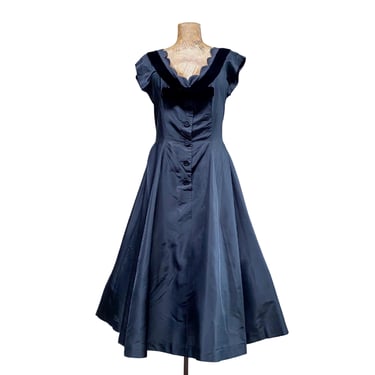 Vintage 1950s Cocktail Dress, 50s Black Rayon Taffeta Frock w/Velvet Trim Special Occasion Full Skirt Rockabilly Party, 38