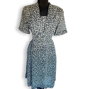 VOLUP Vintage 1940's Black and White Abstract Print Semi Sheer Cotton Day Dress - size XL Extra Large 36 37 inch waist 
