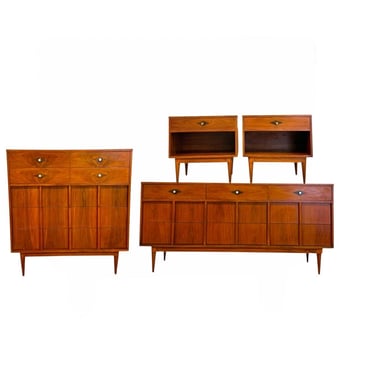 Free shipping within continental US - Vintage Mid-Century Modern Walnut 4-Piece Bedroom Set With Diamond Parquet Accent Inlay 