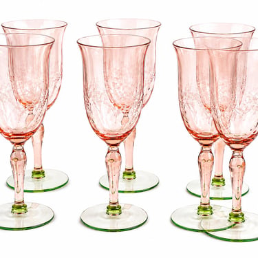 Tiffin Watermelon Uranium Wine Glasses Set of 6 Etched Floral Goblets 