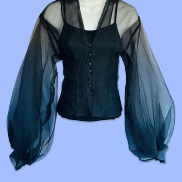 Vintage Style Black Sheer Balloon Sleeve Blouse - size Small 
