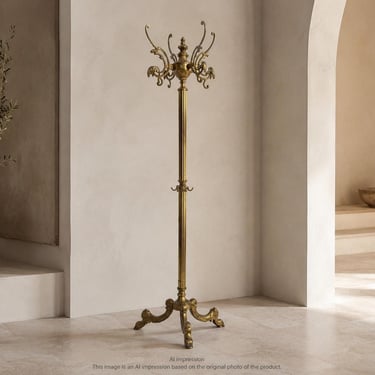 Vintage Brass Coat Rack with Rotating Crown and Decorative Three-Leg Base 