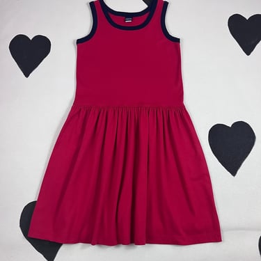 1980s Lands End cotton tank dress 80s red navy ringer drop waist full gathered skirted sailor casual summer sun dress made in USA M petite 