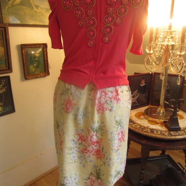 Floral Linen Skirt by Jones New York size 14, Yellow and Rose 