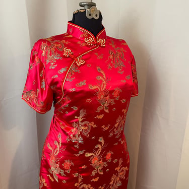 Red Satin Cheongsam Dress Asian Gold Lucky Dragon 1990s Vintage 46 L 