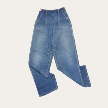 Vintage 1950s Kitty Carson High Waist Orange Topstitch Denim Jeans • Two Button Adjustable Waist 29
