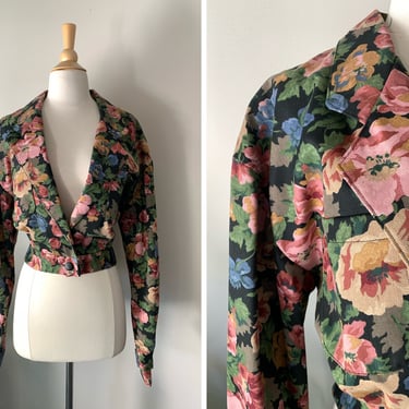Vintage 1990s Black Floral Denim Cropped Jacket | Size L/XL 
