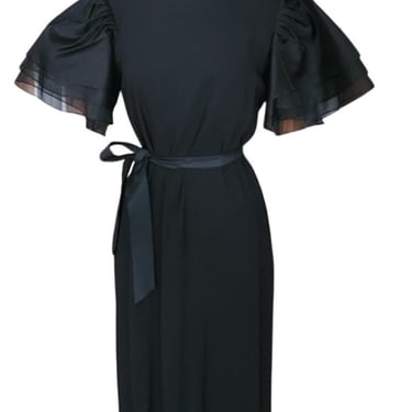 Vintage 1980s Bill Blass Party Dress Black Organza Puffy Sleeve Belted Medium 