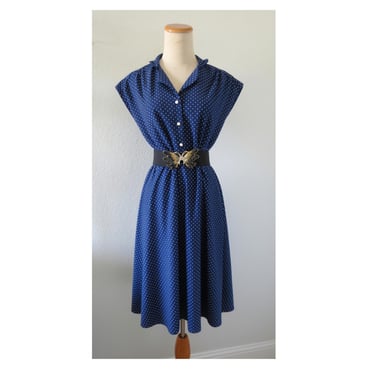 Vintage 80s Blue Polka Dot Dress - Navy Button Front Midi - 1980s Does 50s Rockabilly Pinup Retro Secretary Office Outfit - Size Large 