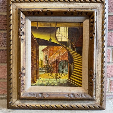 Vintage MCM Architectural Oil Painting Courtyard Spiral Staircase 17x15