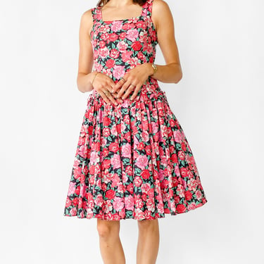 1980s Laura Ashley Black Floral Bow Dress, sz. S