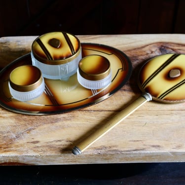 Vintage Art Deco Dresser Set, Elegant Vanity Decor, Powder Jar, Cold Cream Jars, Hand Mirror, Dresser Tray, Collector Gift, Tiger Eye Colors 