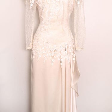 80's Ivory Lace Party or Wedding Dress Gown Vintage 1980's, Couture, size medium 