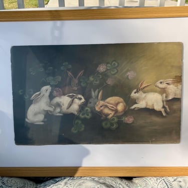19th Century Bunny Rabbits Oil Painting 